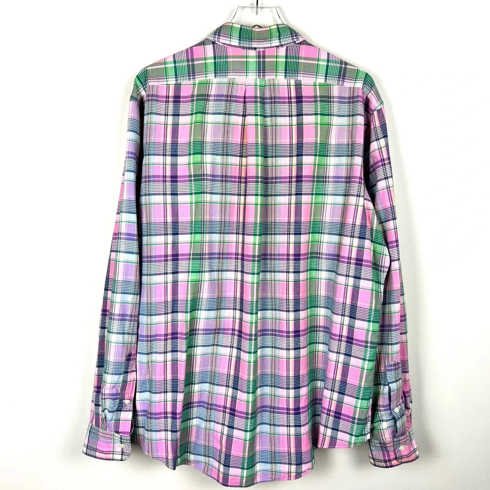 Vintage Polo Ralph Lauren Mens XXL Custom Fit Plaid Shirt Pink Green Purple